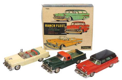 Toy Cars (3), Ranch Fleet Cars, mfgd by Cragstan, litho on tin friction 3-car boxed set #755-mid: Toy Cars (3), Ranch Fleet Cars, mfgd by Cragstan, litho on tin friction 3-car boxed set #755-mid '50s Chevy convertible,