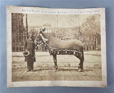 1865 Abraham Lincolns Horse in Mourning Mounted Albumen Photograph: Thumbtack holes at corners. Taken at funeral, in Springfield. Written on back by William H Kryder, one of the guards at the