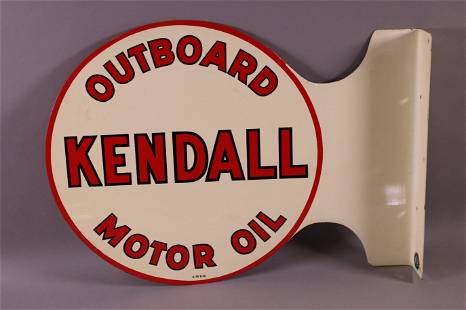 Kendall Outboard Motor Oil Flange Sign (TAC): rated 9+, 13.5"x18", the diecut metal flange sign has excellent color and shine, has light wear, marked A-M, dated 1950. TAC